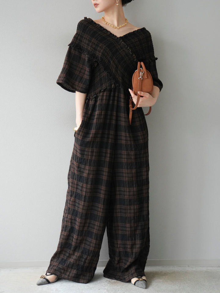 [予約]チェック柄ハーフスリーブシャーリングクロスサロペット/ブラウン