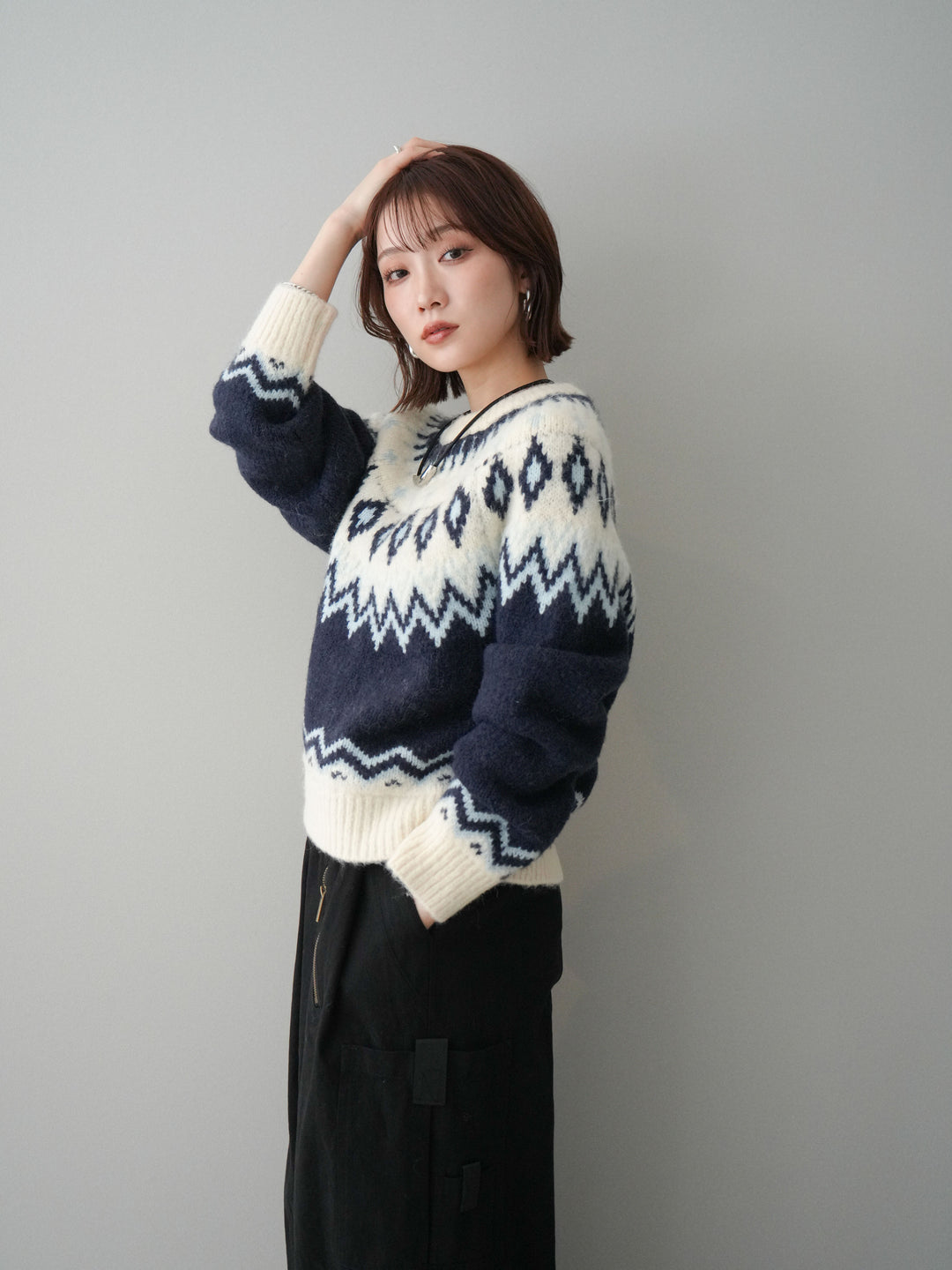 [予約]ノルディック柄ニットプルオーバー/navy