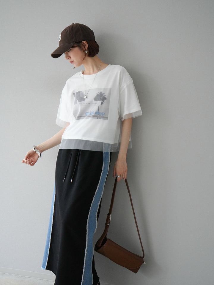 [予約]チュールドッキングフォトTシャツ/オフホワイト×ブルー