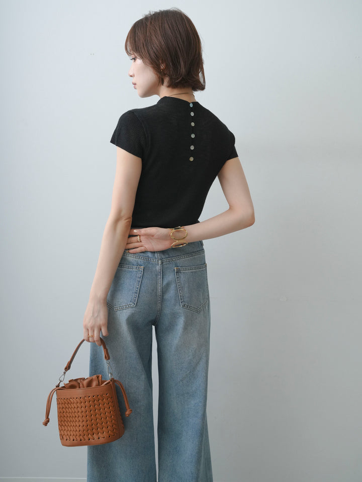 [予約]シアーバックボタンリブニットトップス/black
