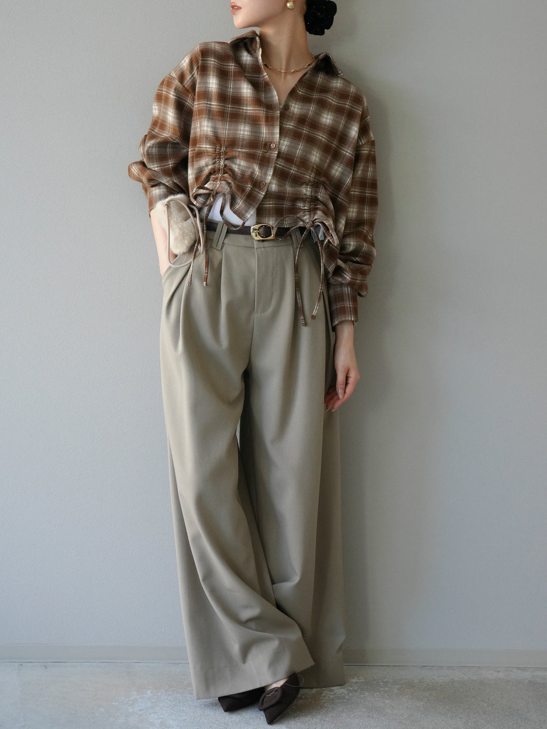 [予約]ドロストクロップネルチェックドシャツ/シナモン