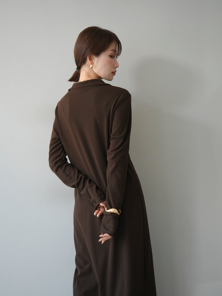 [予約]襟付きカットリブボタンワンピース/ブラウン