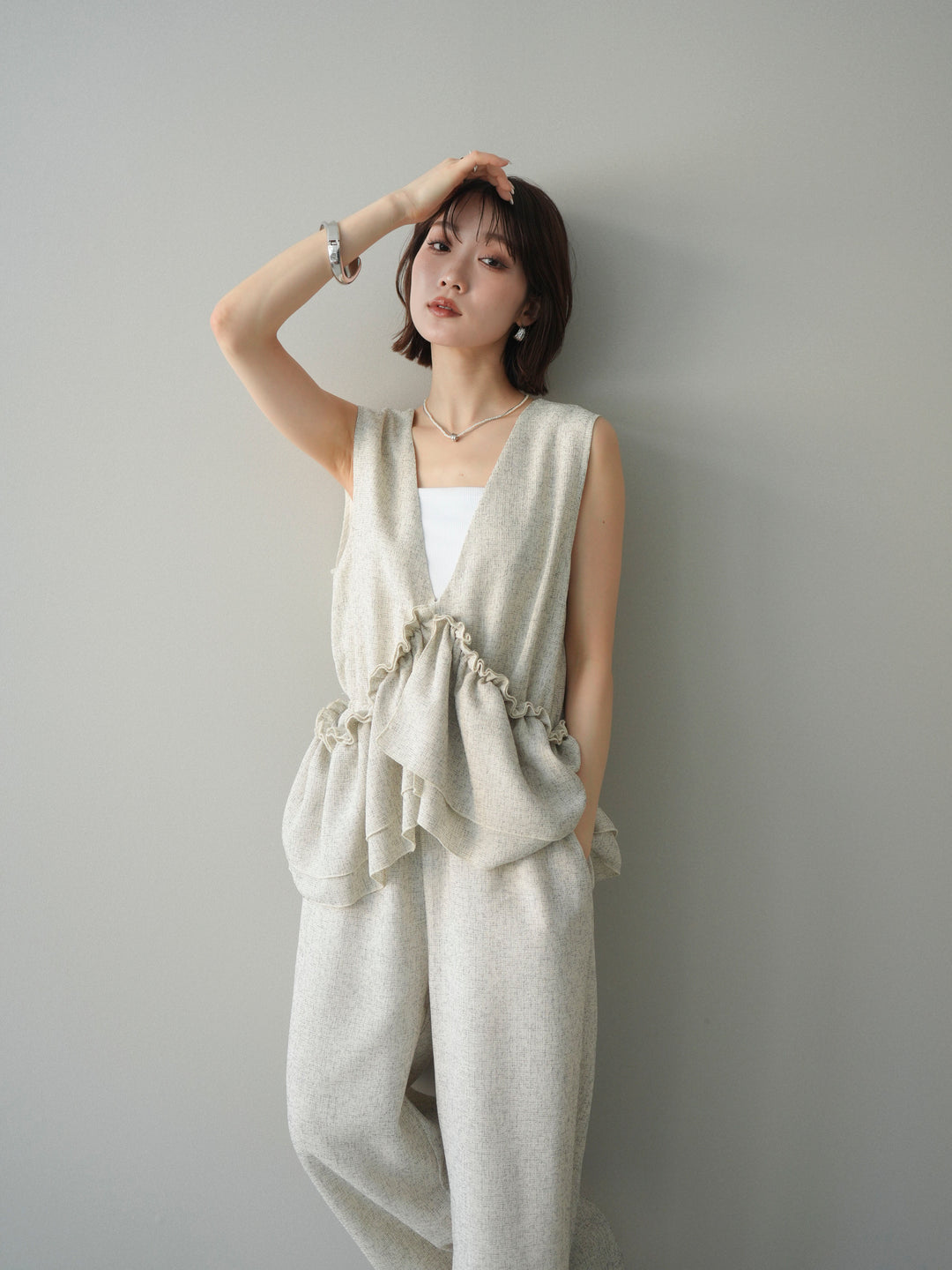 [SET]3WAYミックスツイードギャザーオールインワン+選べるアクセセット(2set)