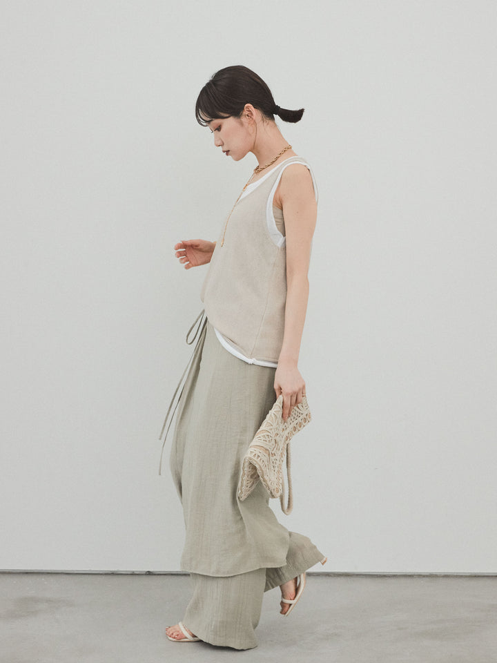 [SET]バイカラーレイヤードニットタンクトップ+ワッシャーサテンレイヤードスカートパンツ(2set)