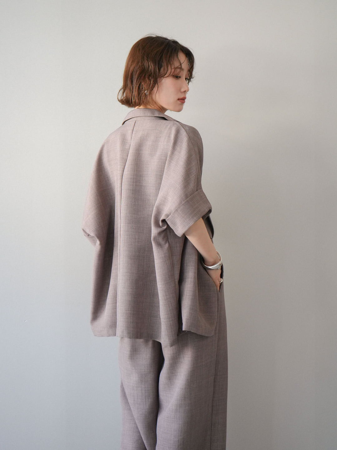 【套裝】亞麻質感半雙層外套+亞麻質感束口寬腿褲（兩件套）