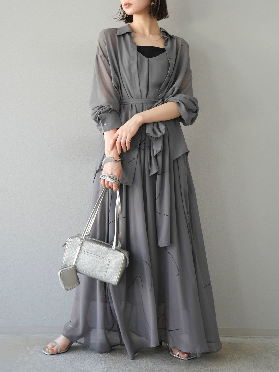 [SET]ペンタッチシフォンキャミワンピース+ペンタッチシフォンシャツ(2set)