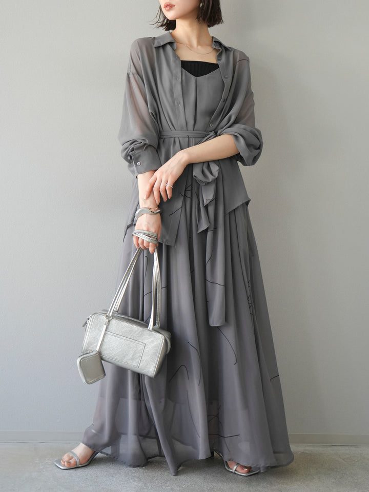 [SET]ペンタッチシフォンキャミワンピース+ペンタッチシフォンシャツ(2set)