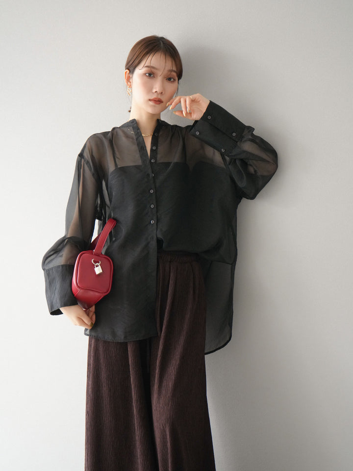 [予約]シャイニーシアーバンドカラーシャツ/ブラック