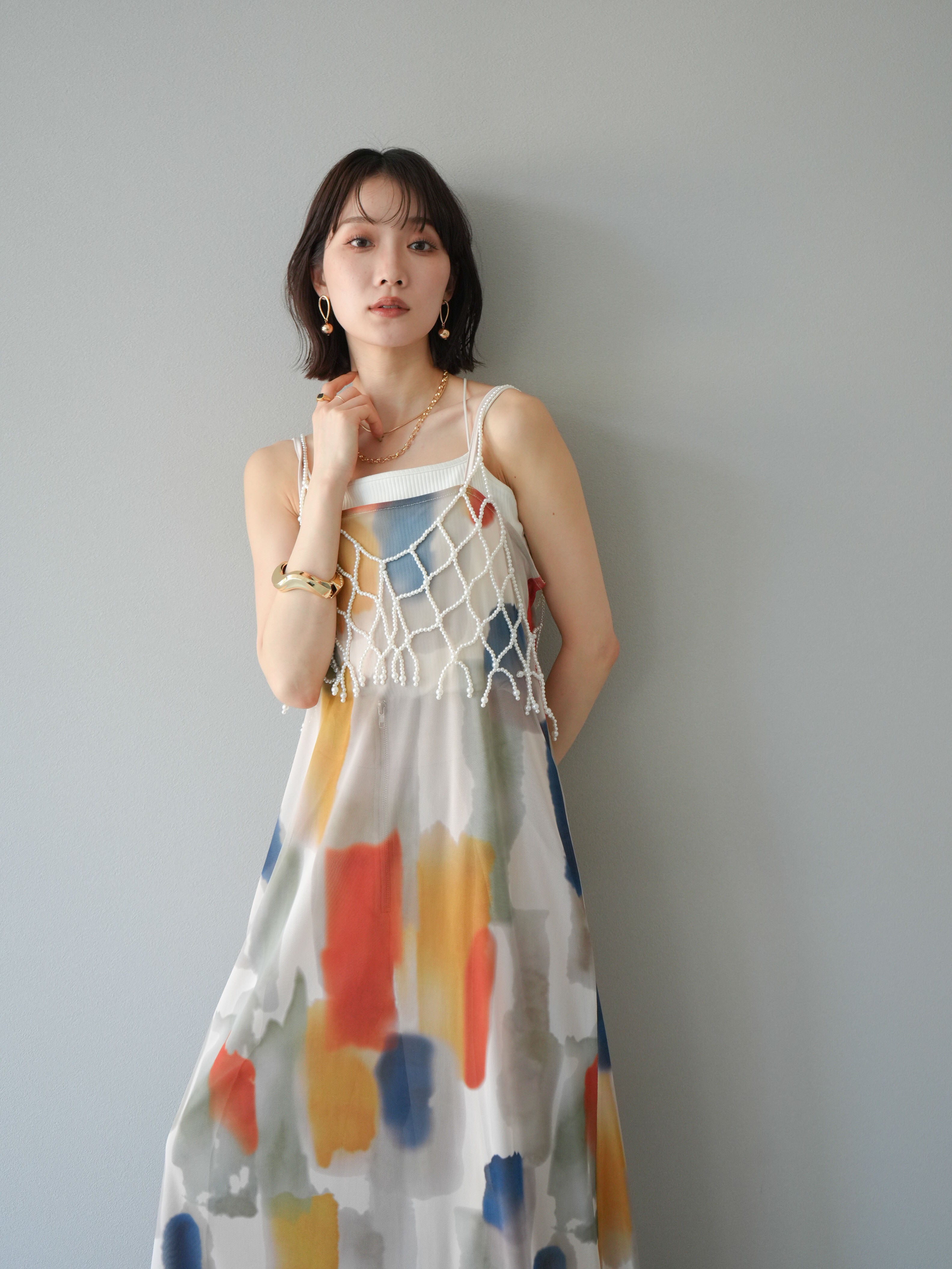 予約]水彩アートシアーキャミワンピース/オフホワイト – Lumier
