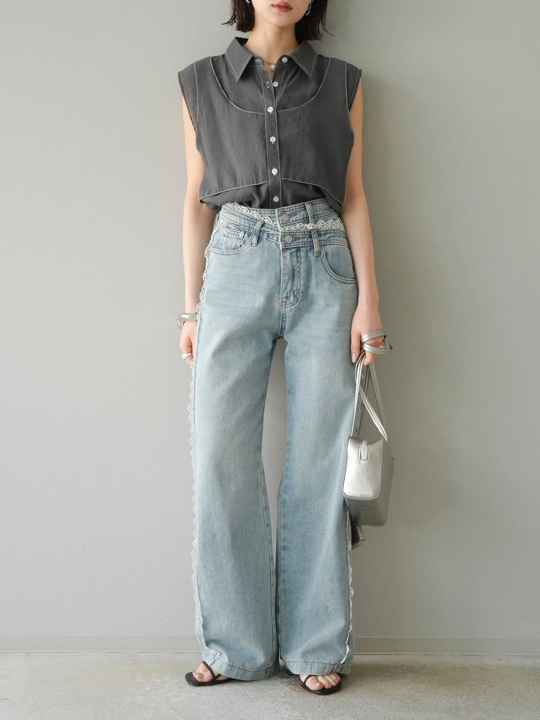 [預訂] 縫合透視多層設計襯衫/炭灰色