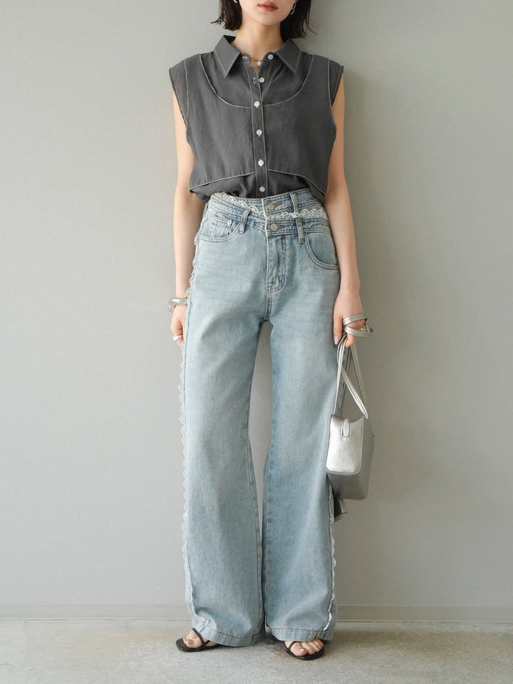 [預訂] 縫合透視多層設計襯衫/炭灰色