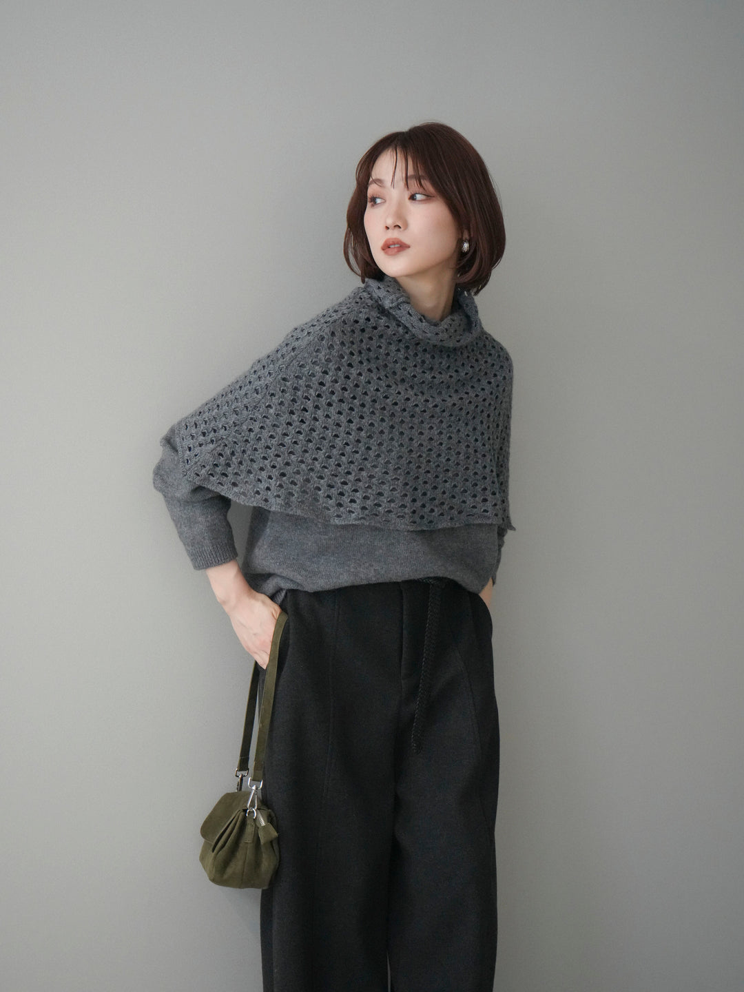 [予約]メッシュケープアンサンブルニットプルオーバー/darkgray