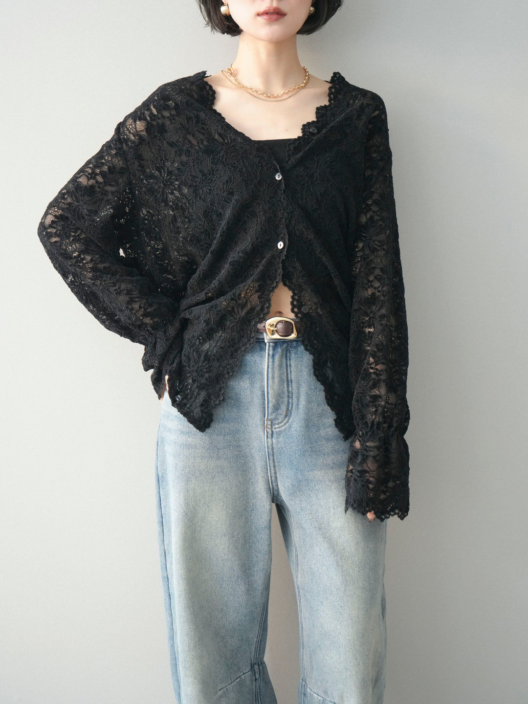 [SET]Vネックレースブラウス+選べるアクセセット(2set)