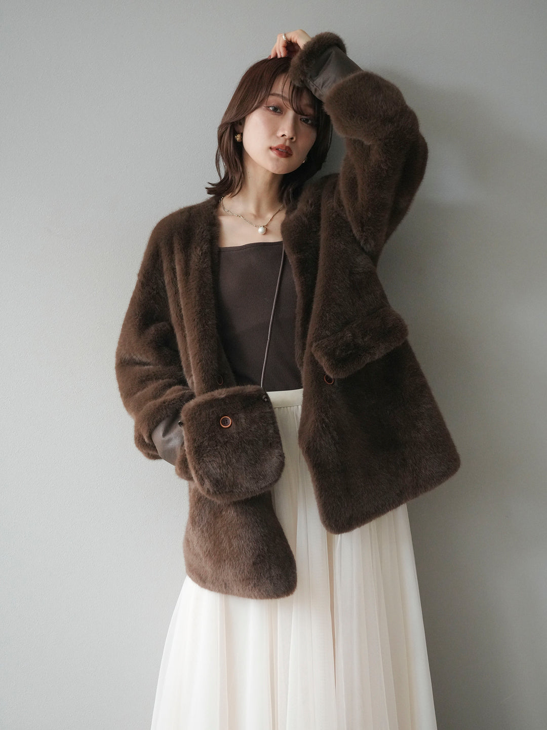 [SET]バッグ付エコファーノーカラーコート+チュールボリュームスカート(2set)