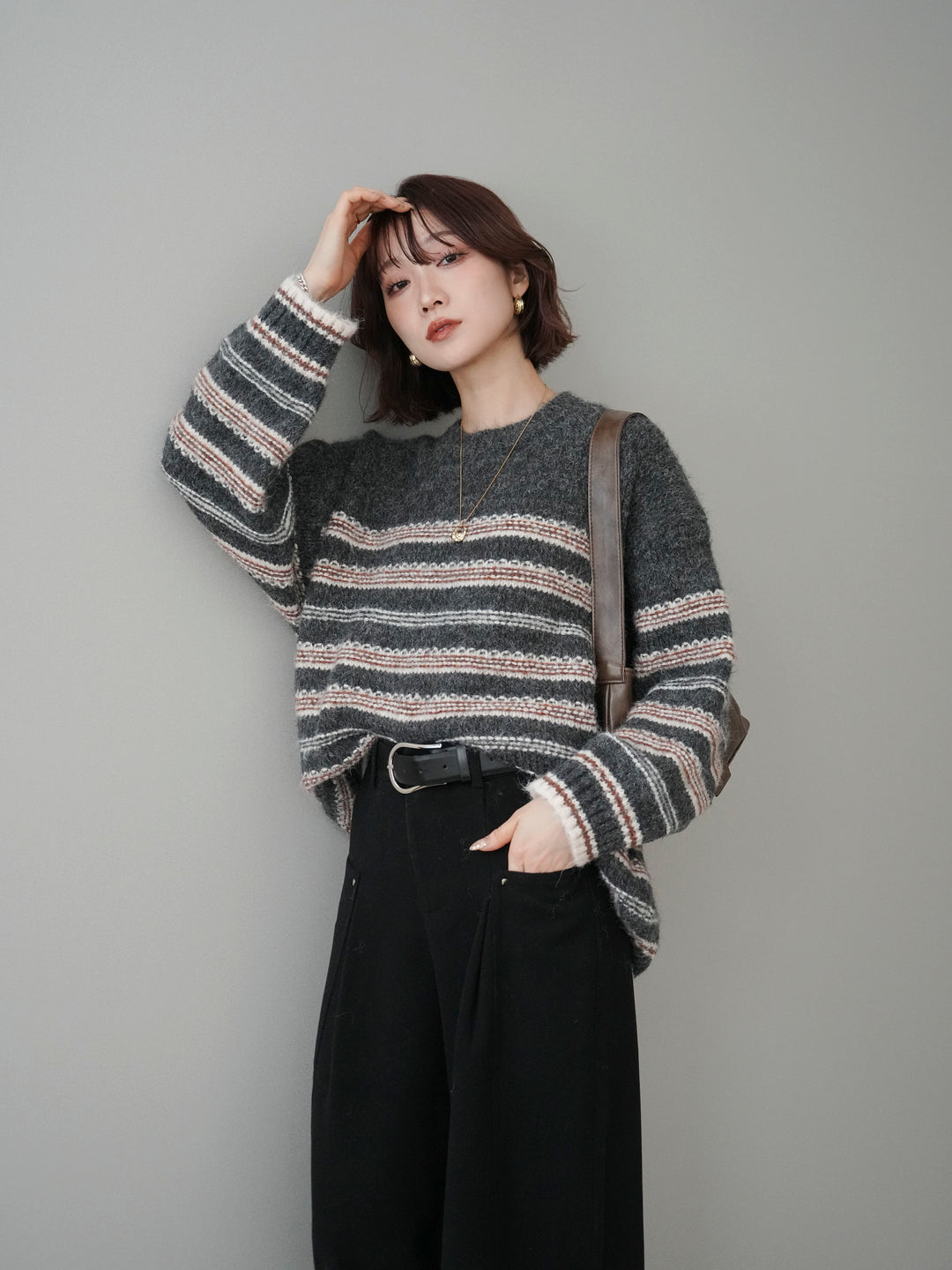 [予約]ステッチボーダーニットプルオーバー/gray