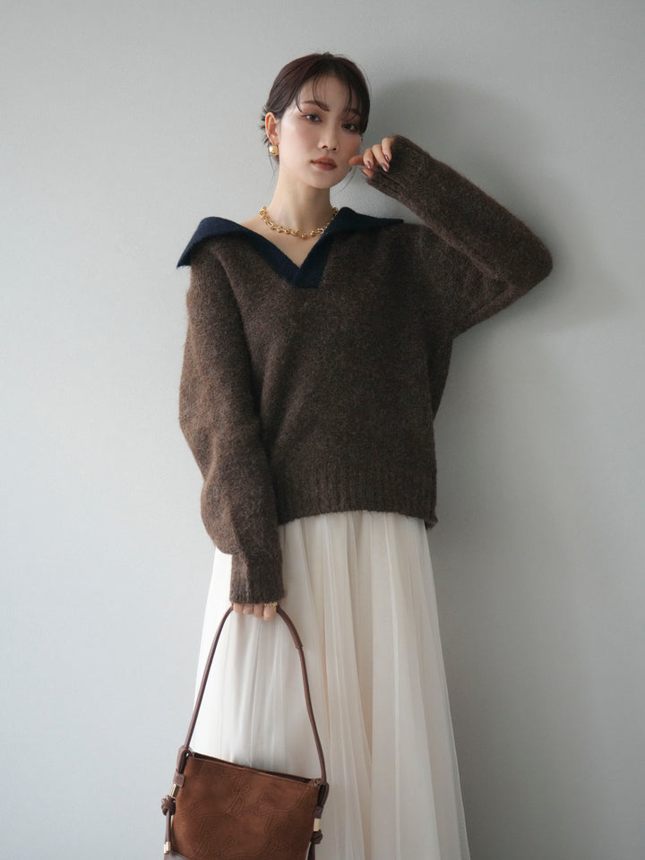 [予約]バイカラー襟付きニットプルオーバー/brown