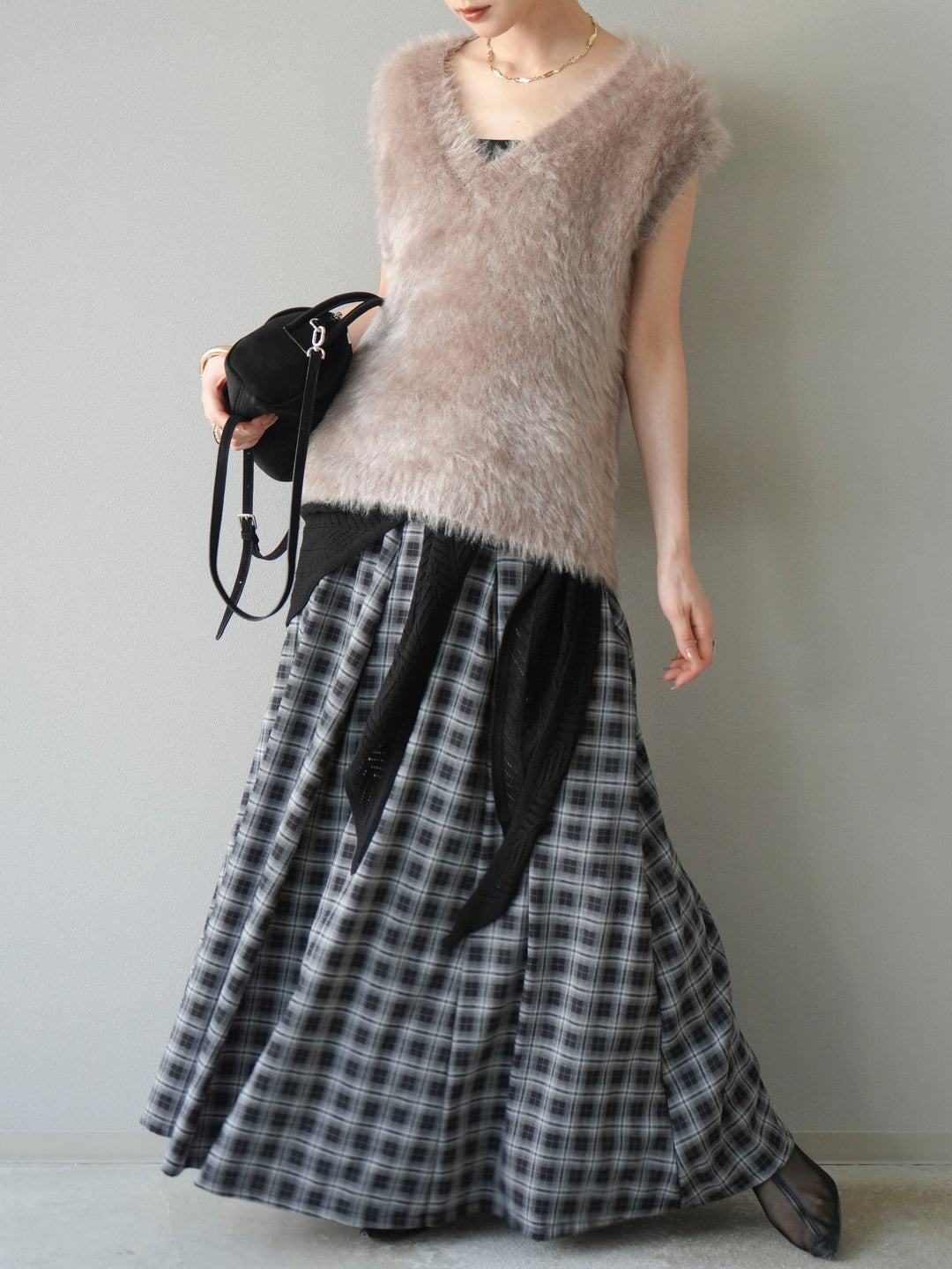 [予約]チェックタックフレアロングスカート/ ブラック