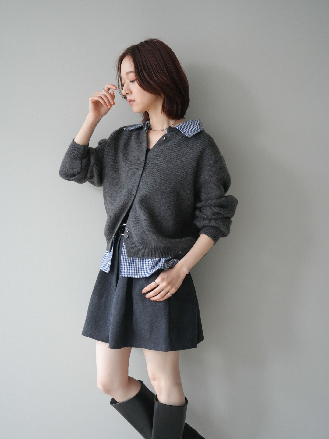 [SET]チェックシャツ襟ニットカーディガン+ベルト付きタックミニスカート(2set)