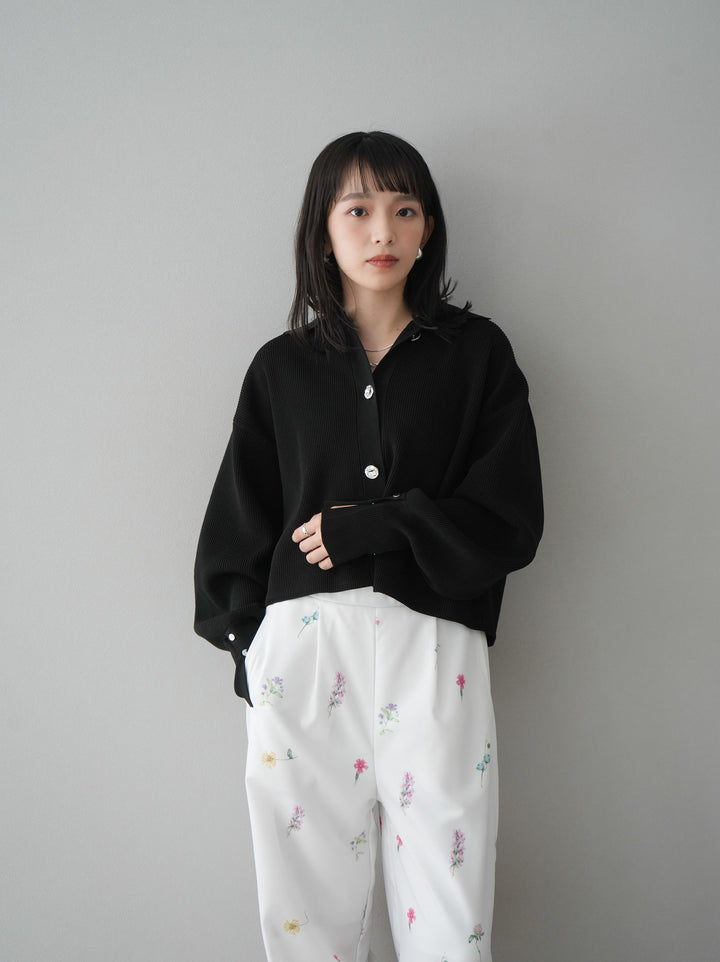 [SET]ボリュームスリーブポロニットカーディガン+フラワーアートプリントタックパンツ(2set)