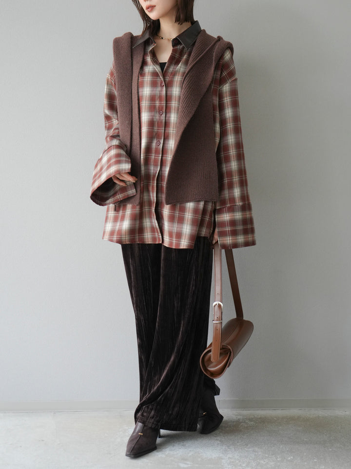 [SET]レザー襟オンブレチェックオーバーシャツ +クラッシュベロアナロースカート(2set)