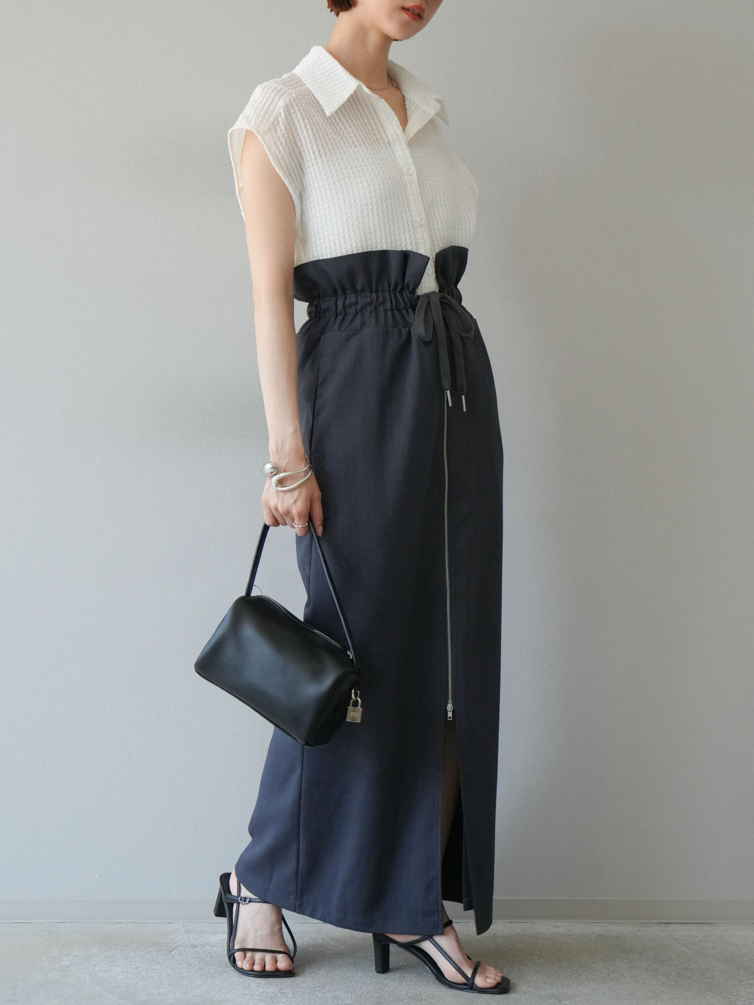 [SET]シアーチェックノースリーブシャツ+ヘザーエステルギャザージップスカート(2set)