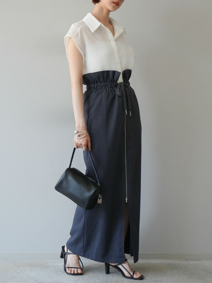 [SET]シアーチェックノースリーブシャツ+ヘザーエステルギャザージップスカート(2set)