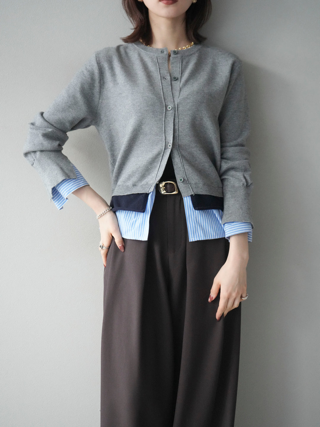 [SET]シャツ襟レイヤードニットカーディガン+ベルトループデザインワイドパンツ(2set)