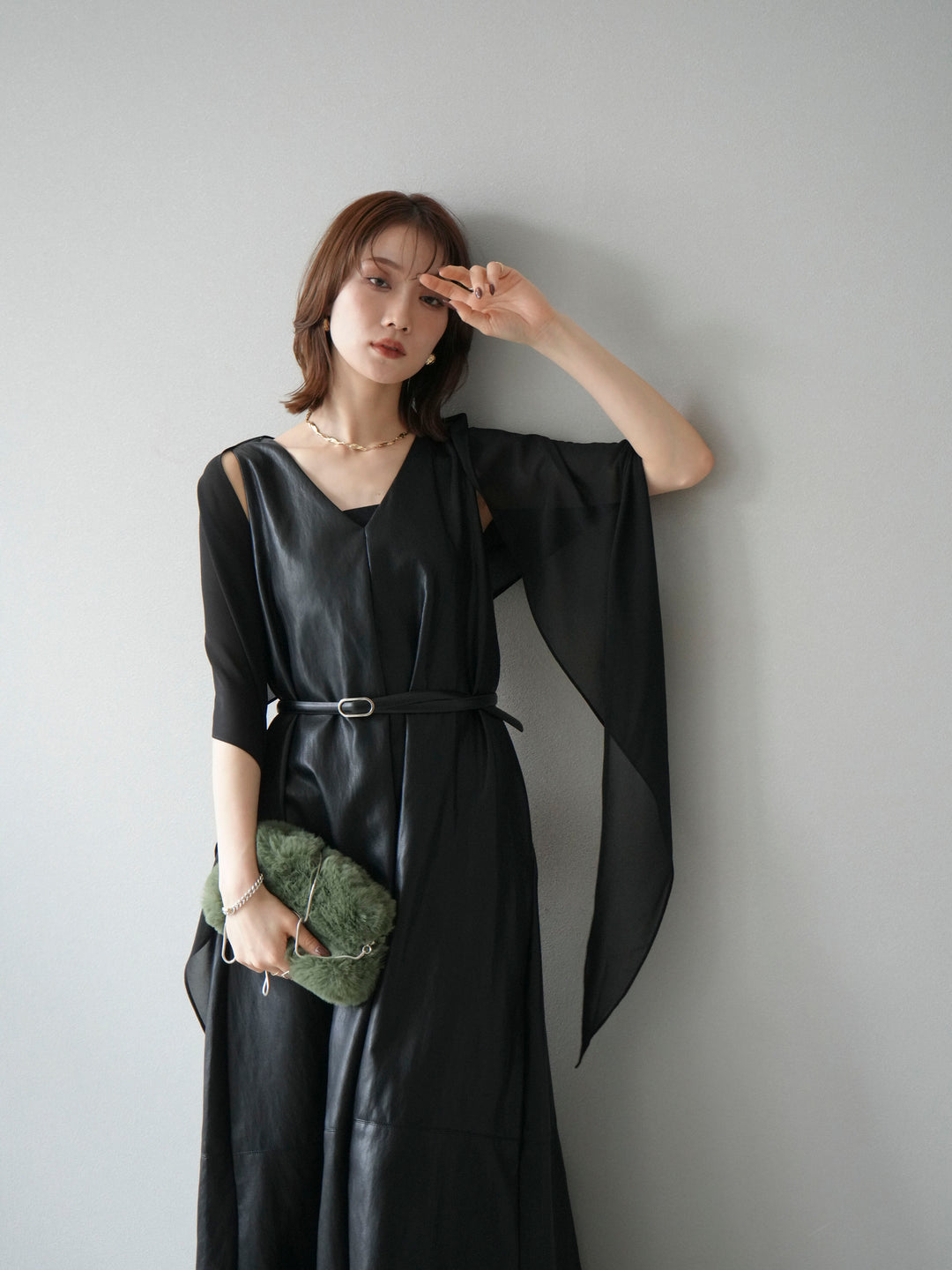 [予約]レザーAラインワンピース/ブラック