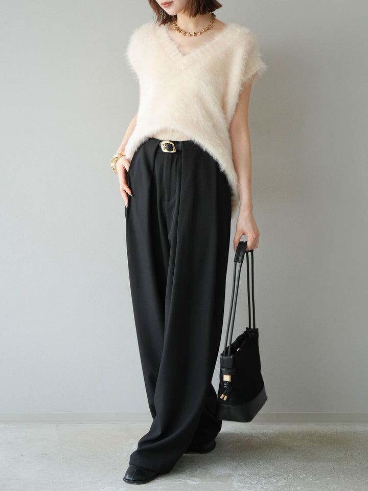 [預購] 皮帶環設計寬褲/黑色