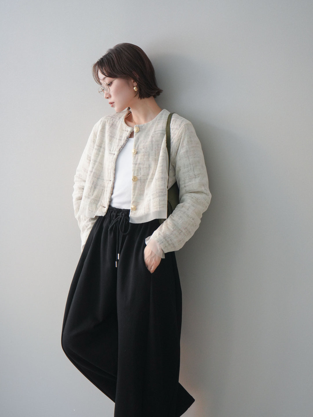 [SET]チュールレイヤードツイードクロップドジャケット+裾ZIPスエットワイドパンツ(2set)