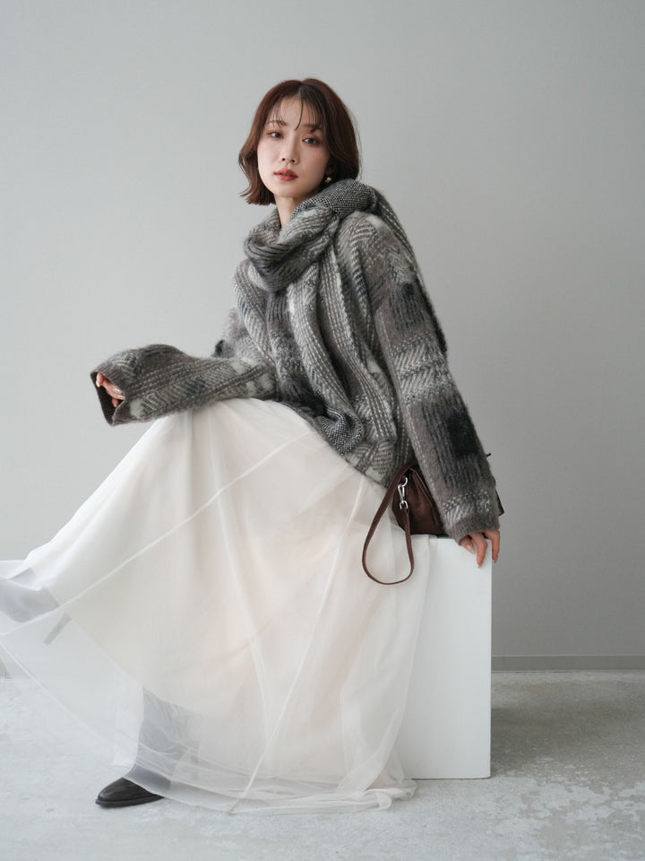 [SET]ストール付シャギーチェックニットプルオーバー+チュールボリュームスカート(2set)