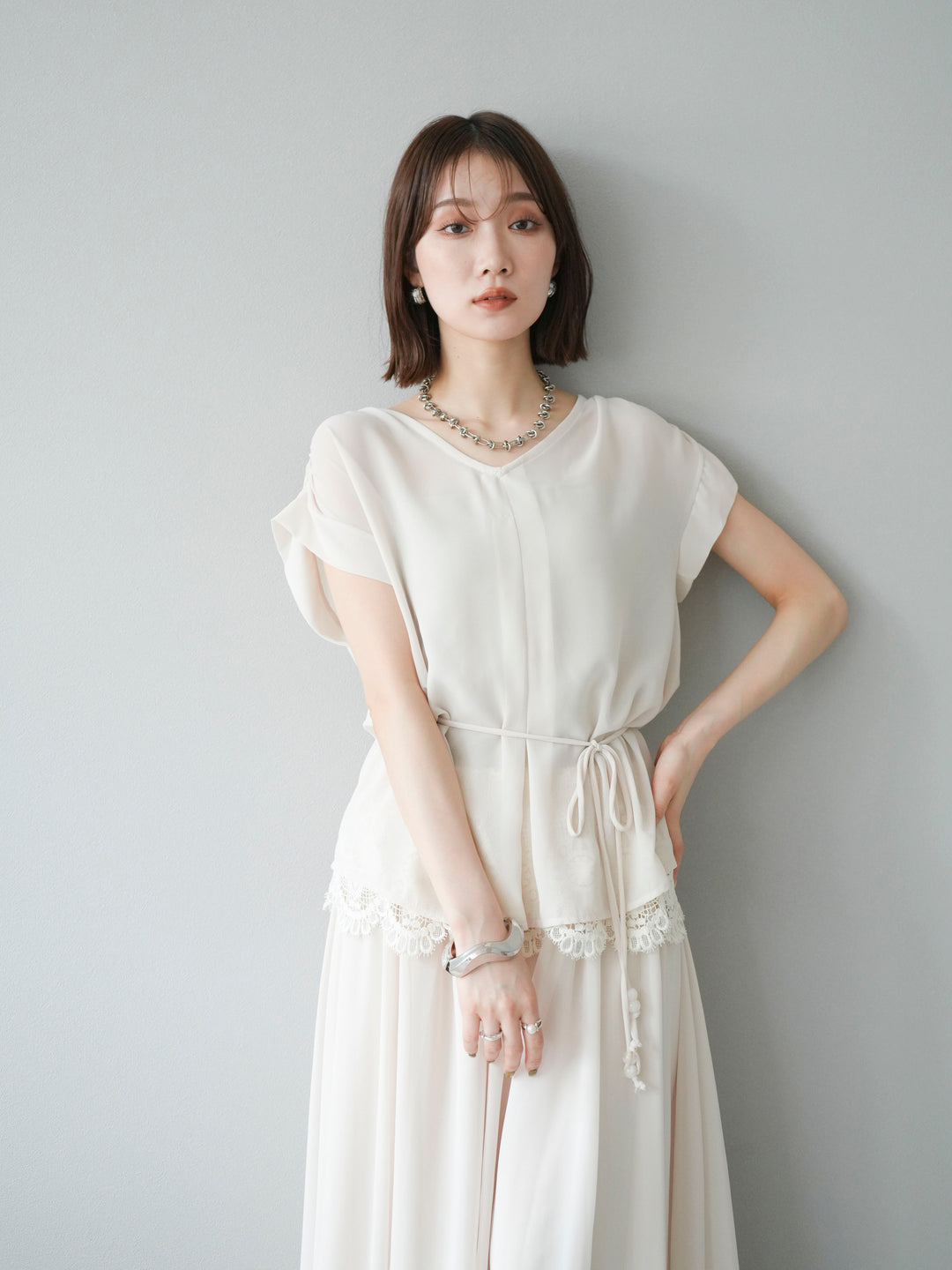 [SET]シフォンブラウス＆レースデザインフレアスカートSET UP(2set)