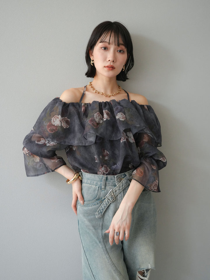 【預購】花朵露肩襯衫/藏青色