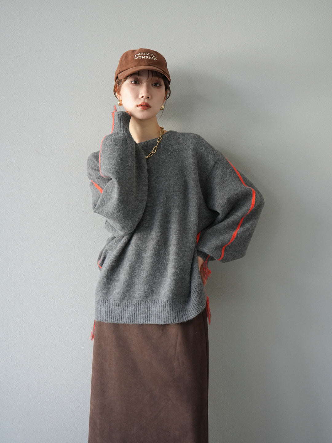 [予約]配色ステッチフリンジニットプルオーバー /チャコール