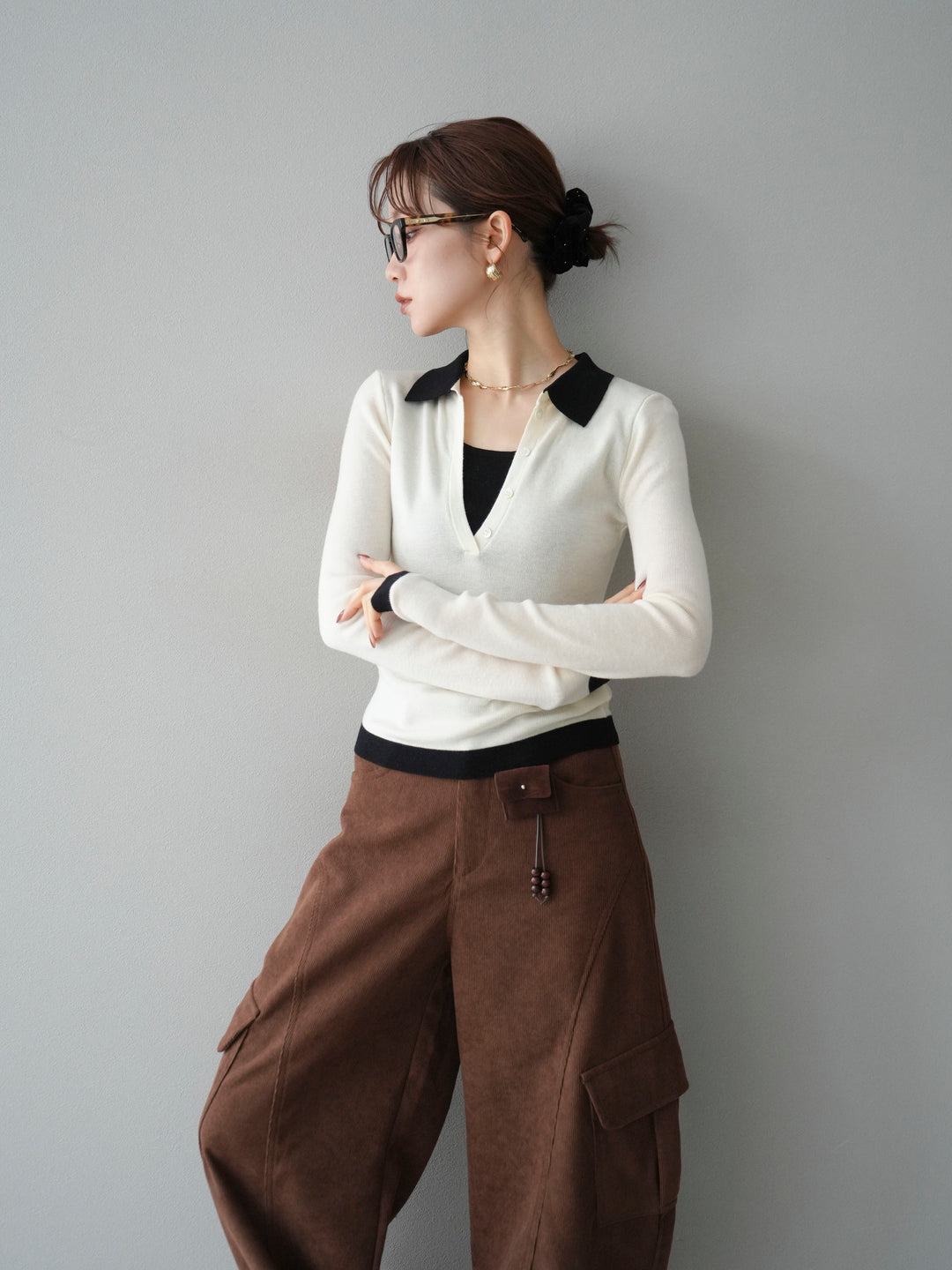 [予約]レイヤード配色ポロニットトップス/beige