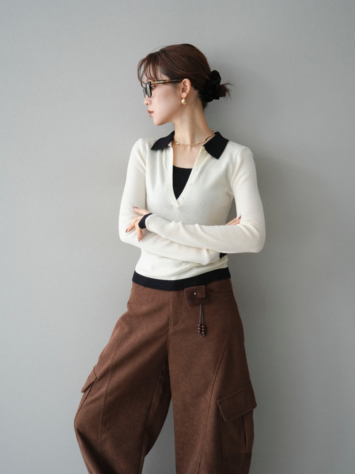 [予約]レイヤード配色ポロニットトップス/beige