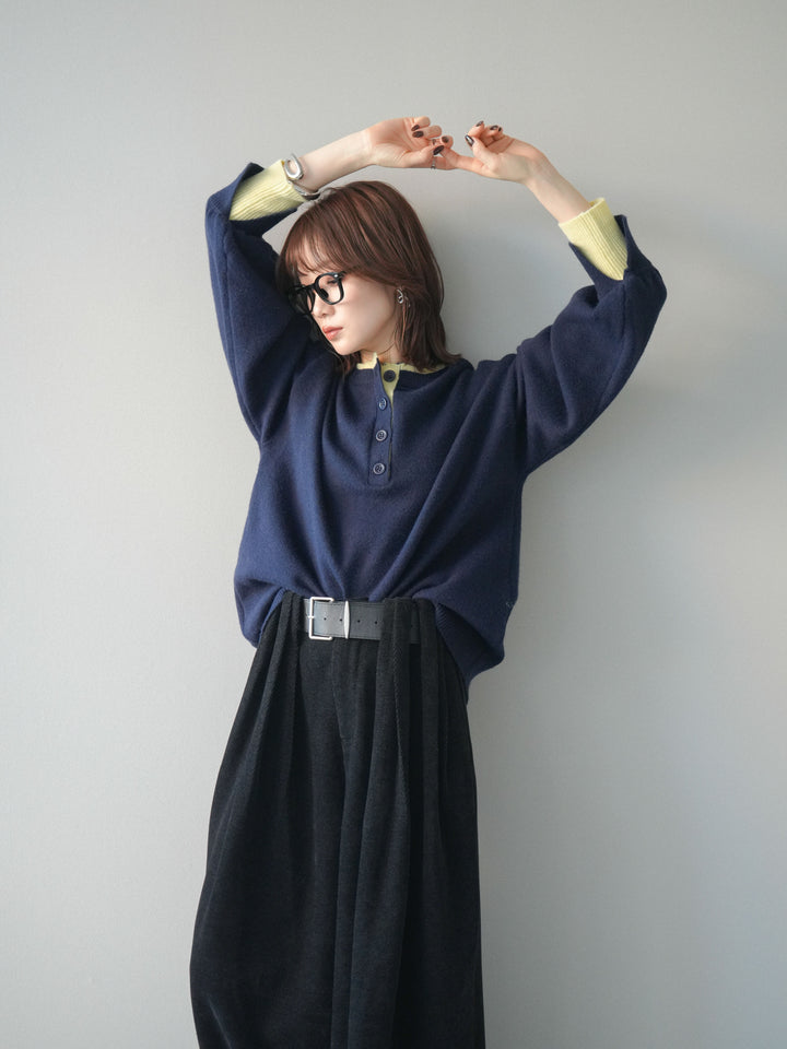 [予約]ヘンリーネック配色レイヤードニットプルオーバー/navy