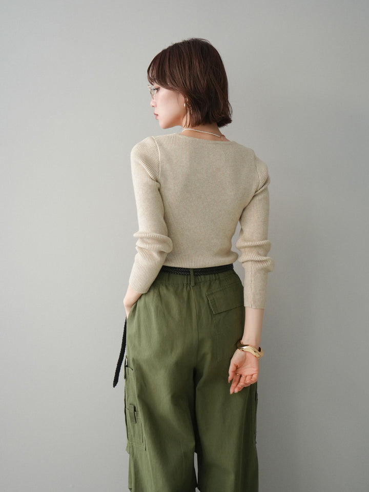 [予約]Vネック配色レイヤードスリットニットトップス/beige