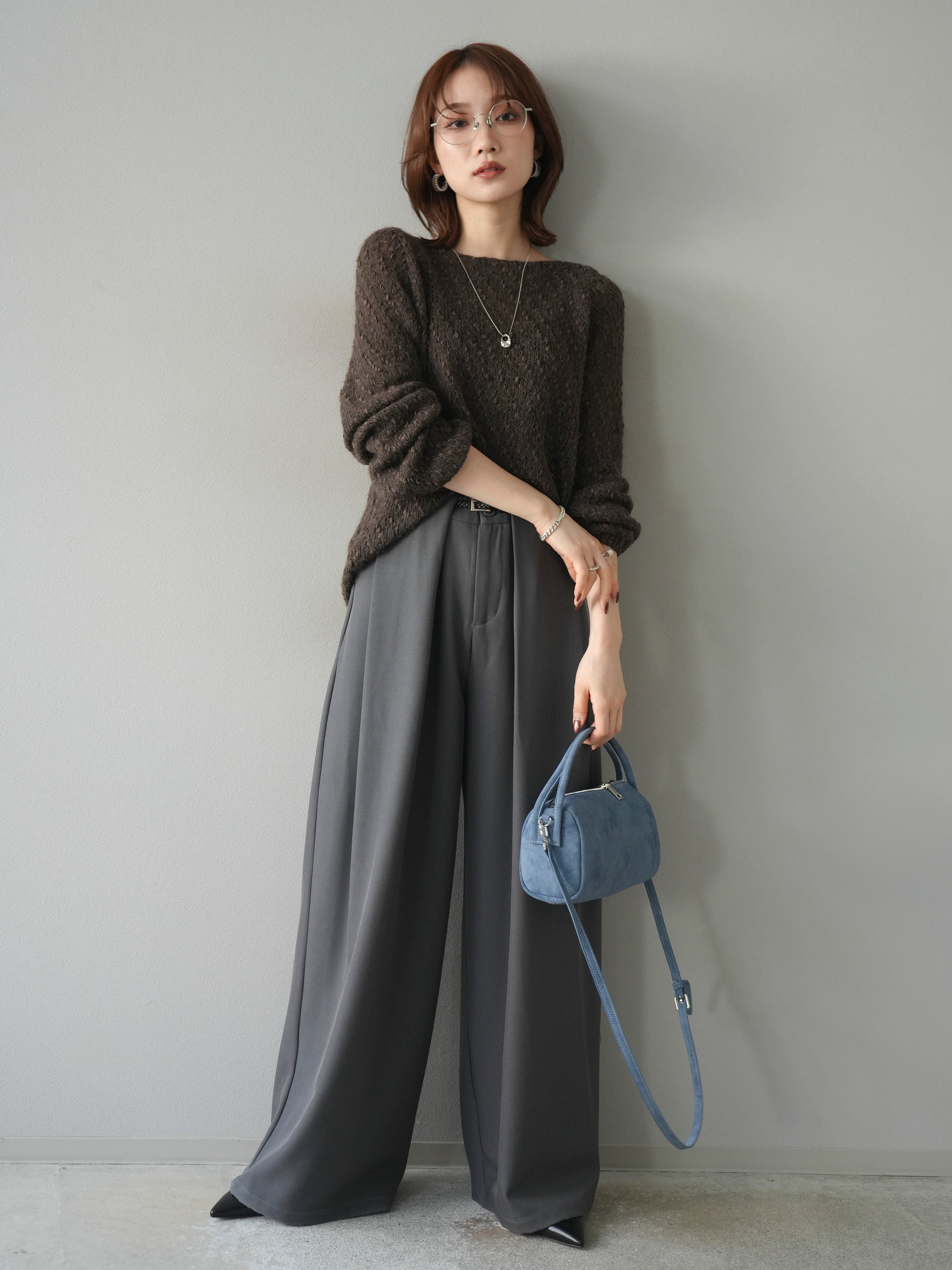 lumier ニットプルオーバー　ベルトループデザインワイドパンツ　セット SET]異素材ミックスヤーンニットプルオーバー+ベルトループデザイン