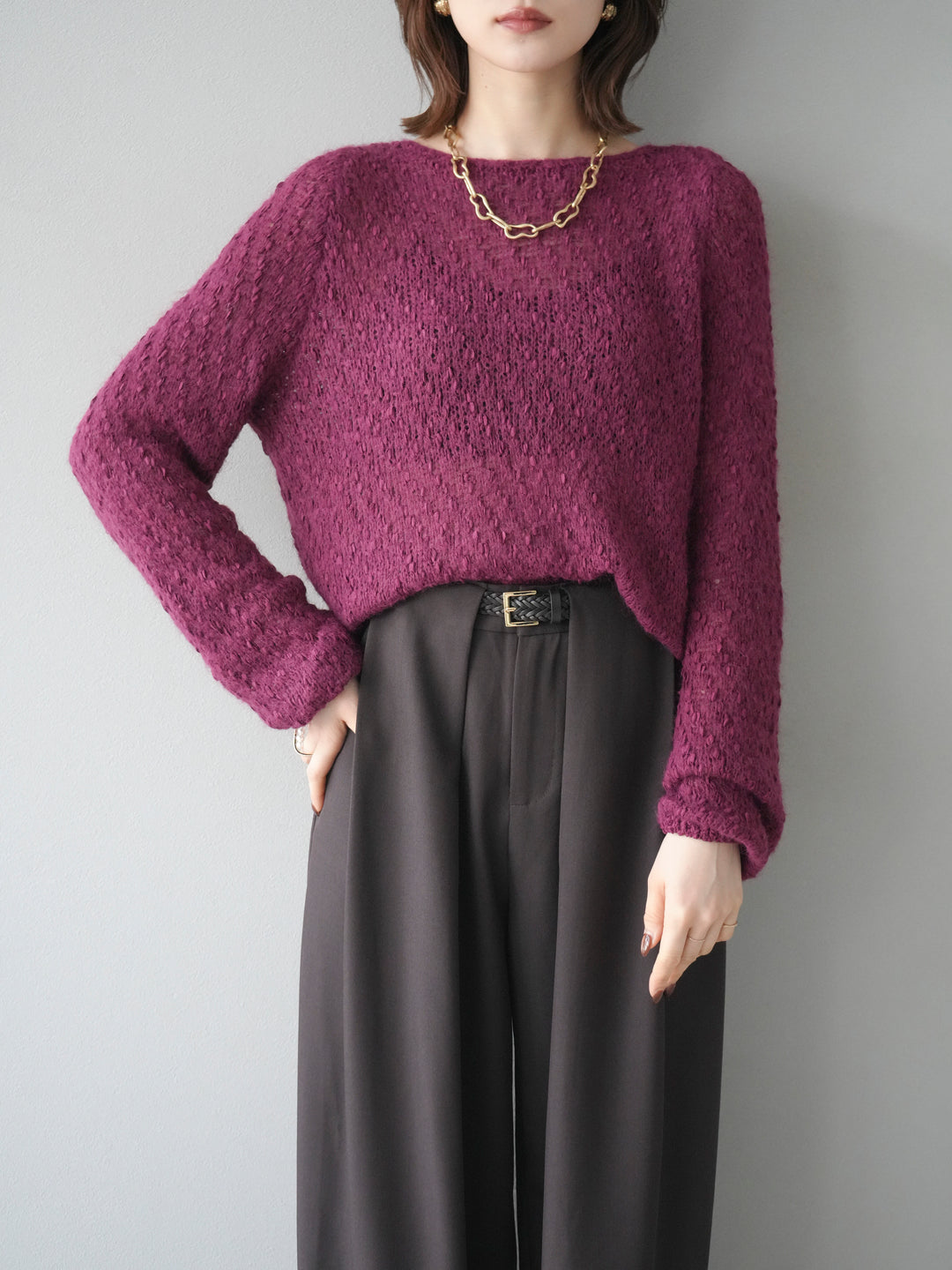 [予約]異素材ミックスヤーンニットプルオーバー/burgundy