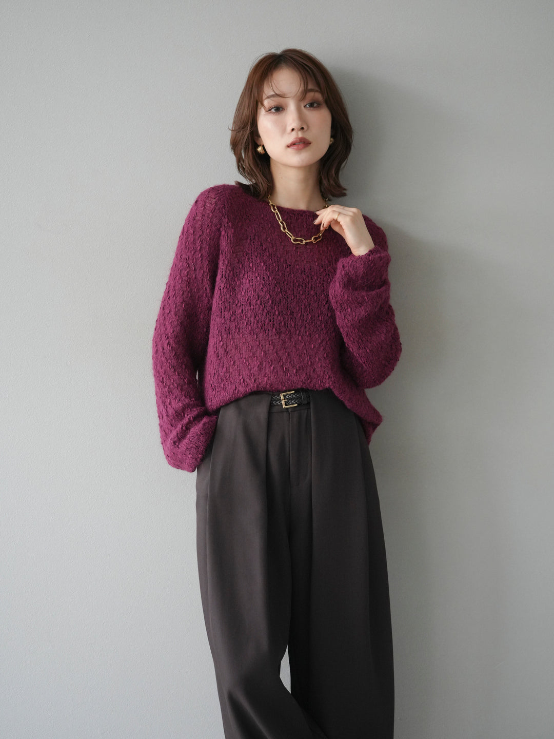 [予約]異素材ミックスヤーンニットプルオーバー/burgundy