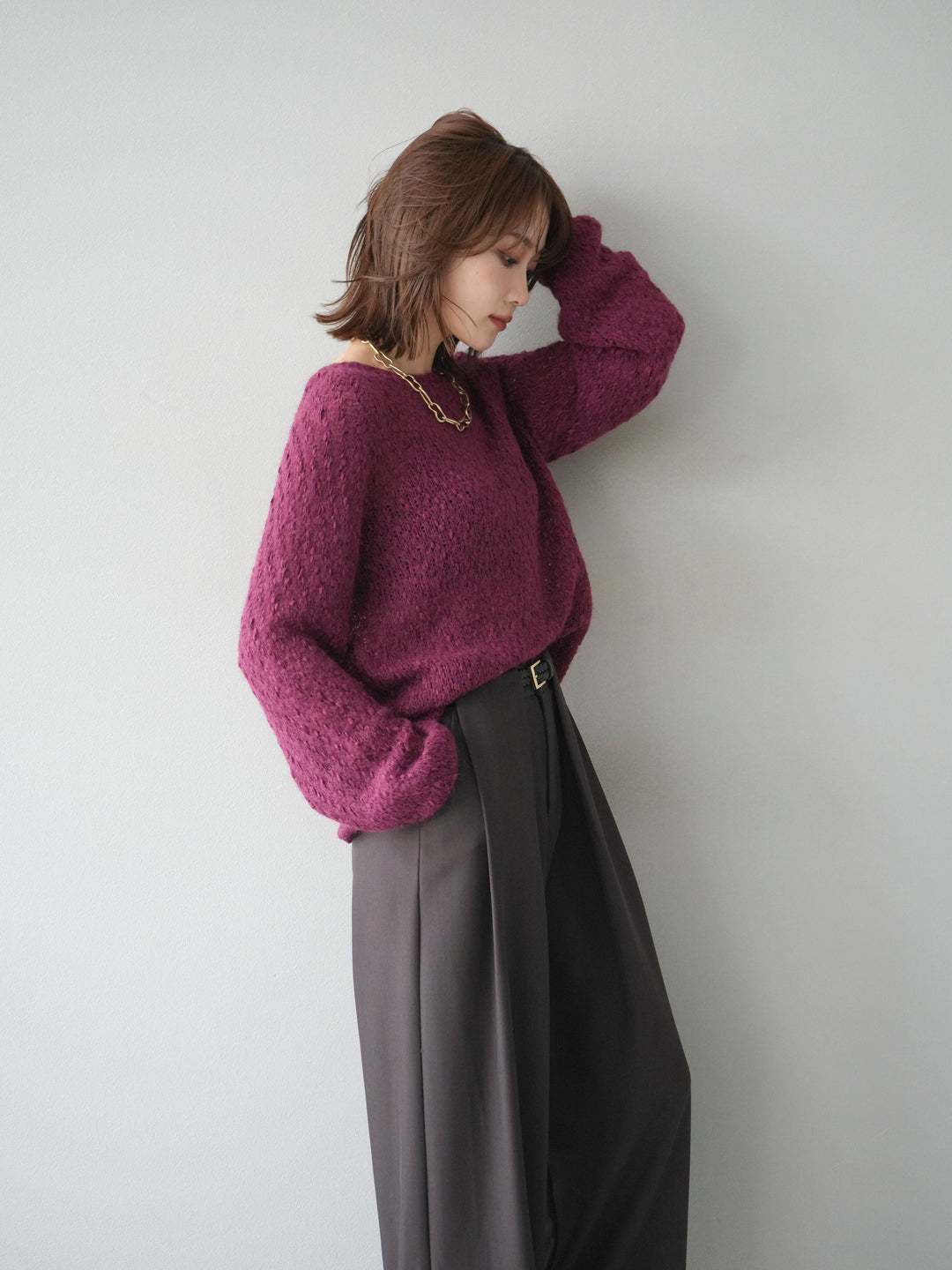 [予約]異素材ミックスヤーンニットプルオーバー/burgundy