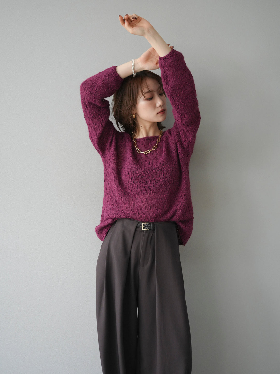 [予約]異素材ミックスヤーンニットプルオーバー/burgundy