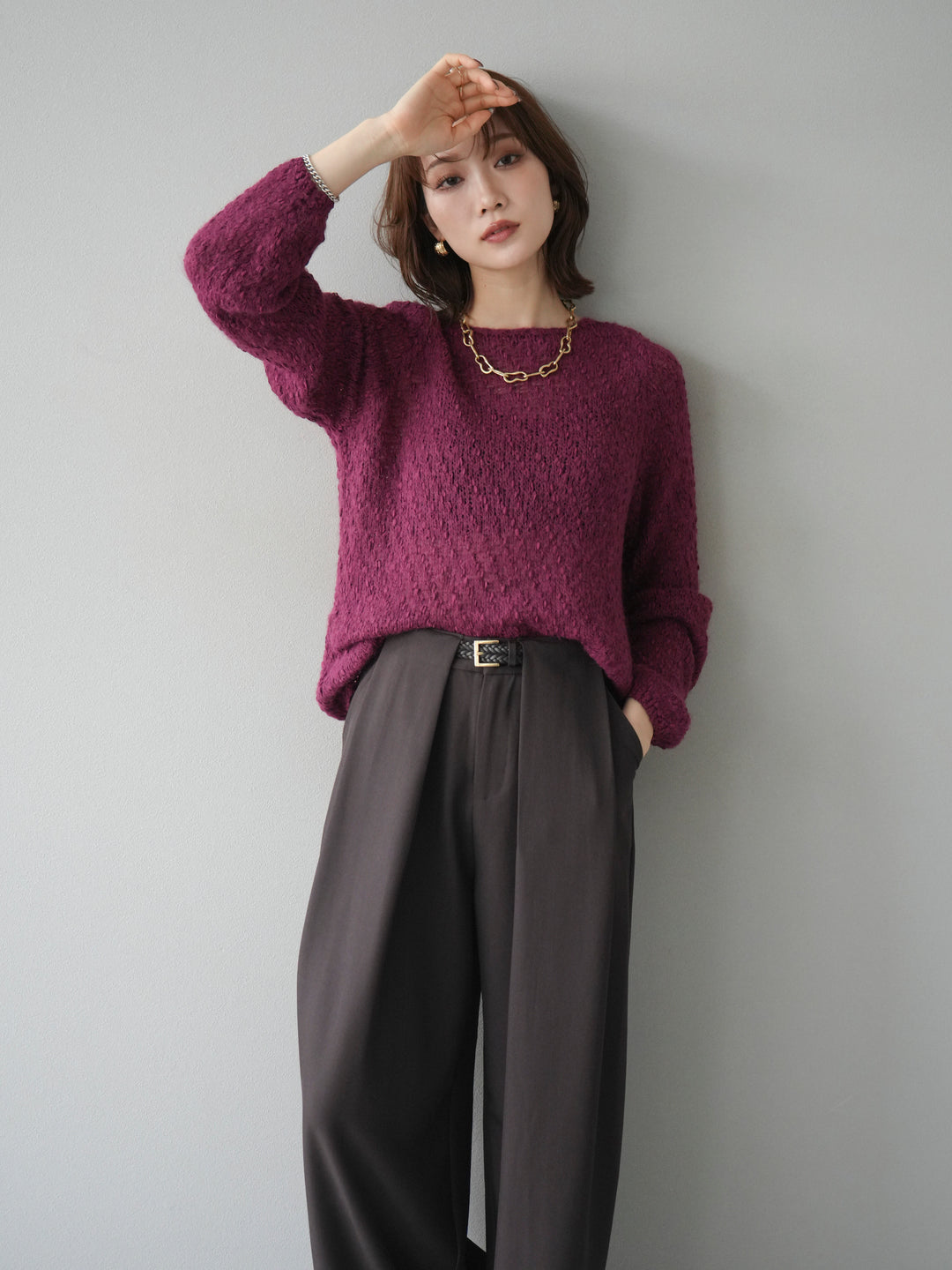 [SET]異素材ミックスヤーンニットプルオーバー+選べるアクセセット(2set)