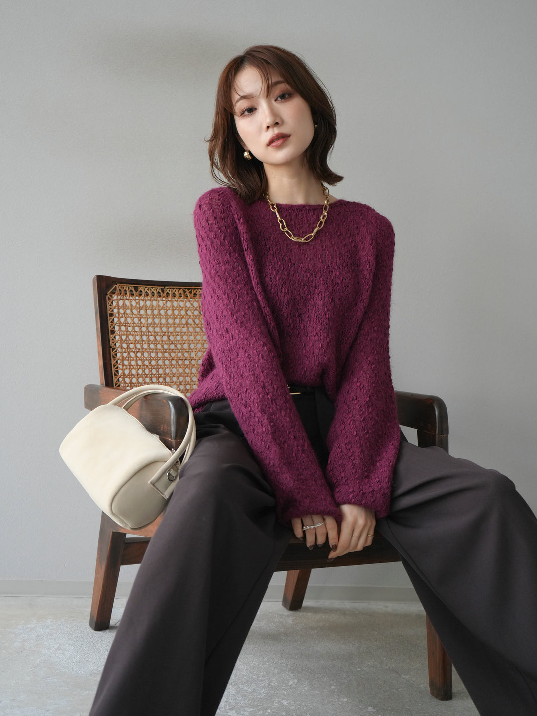 [予約]異素材ミックスヤーンニットプルオーバー/burgundy