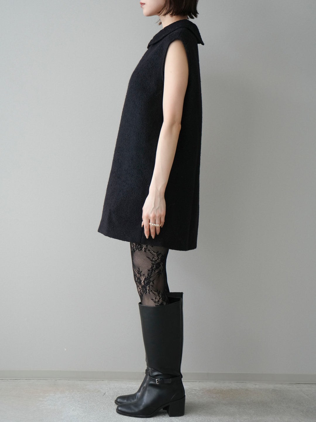 [予約]襟付きブークレミニワンピース/black