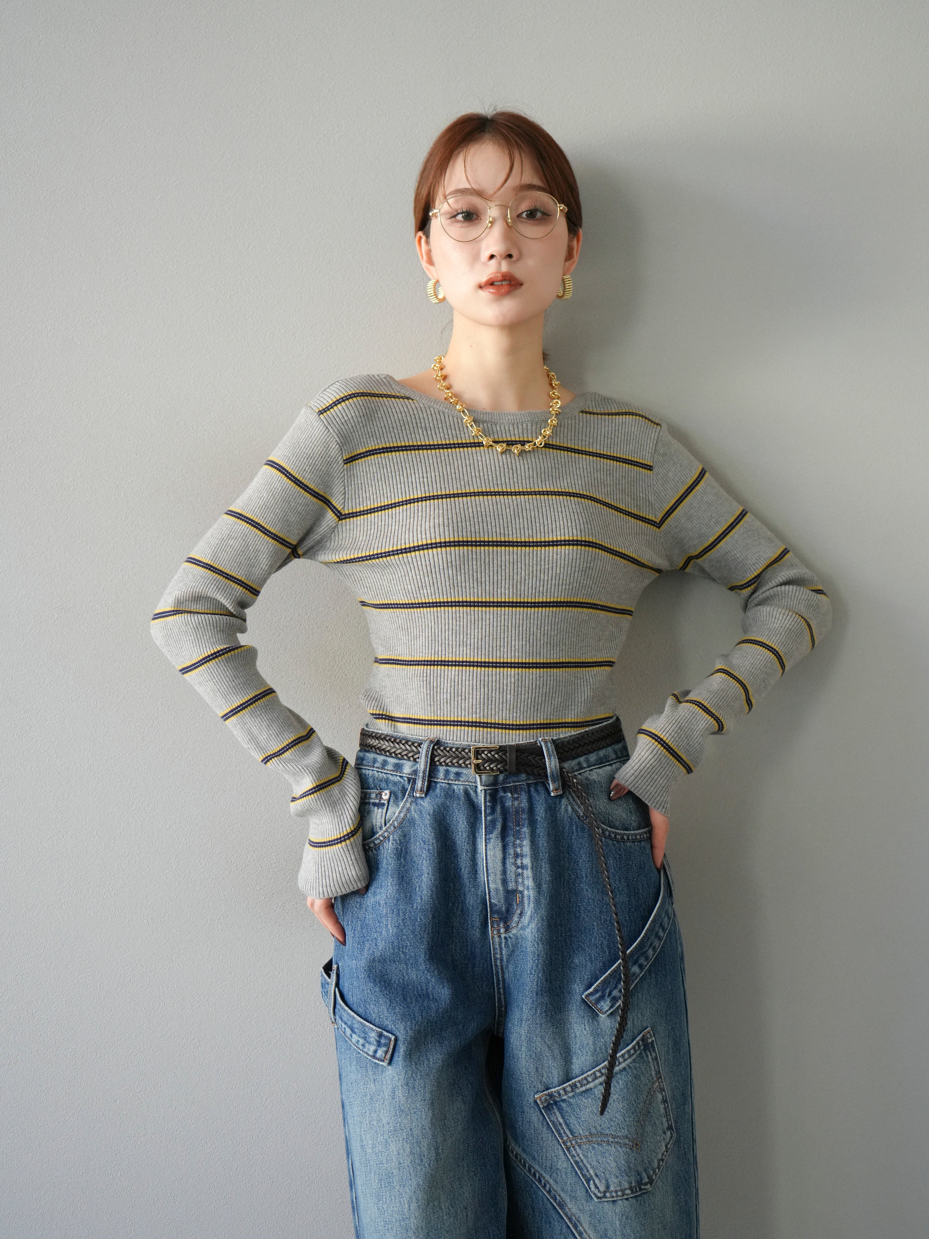 SET]バックオープンボーダーテレコリブトップス+ペインターカーブ