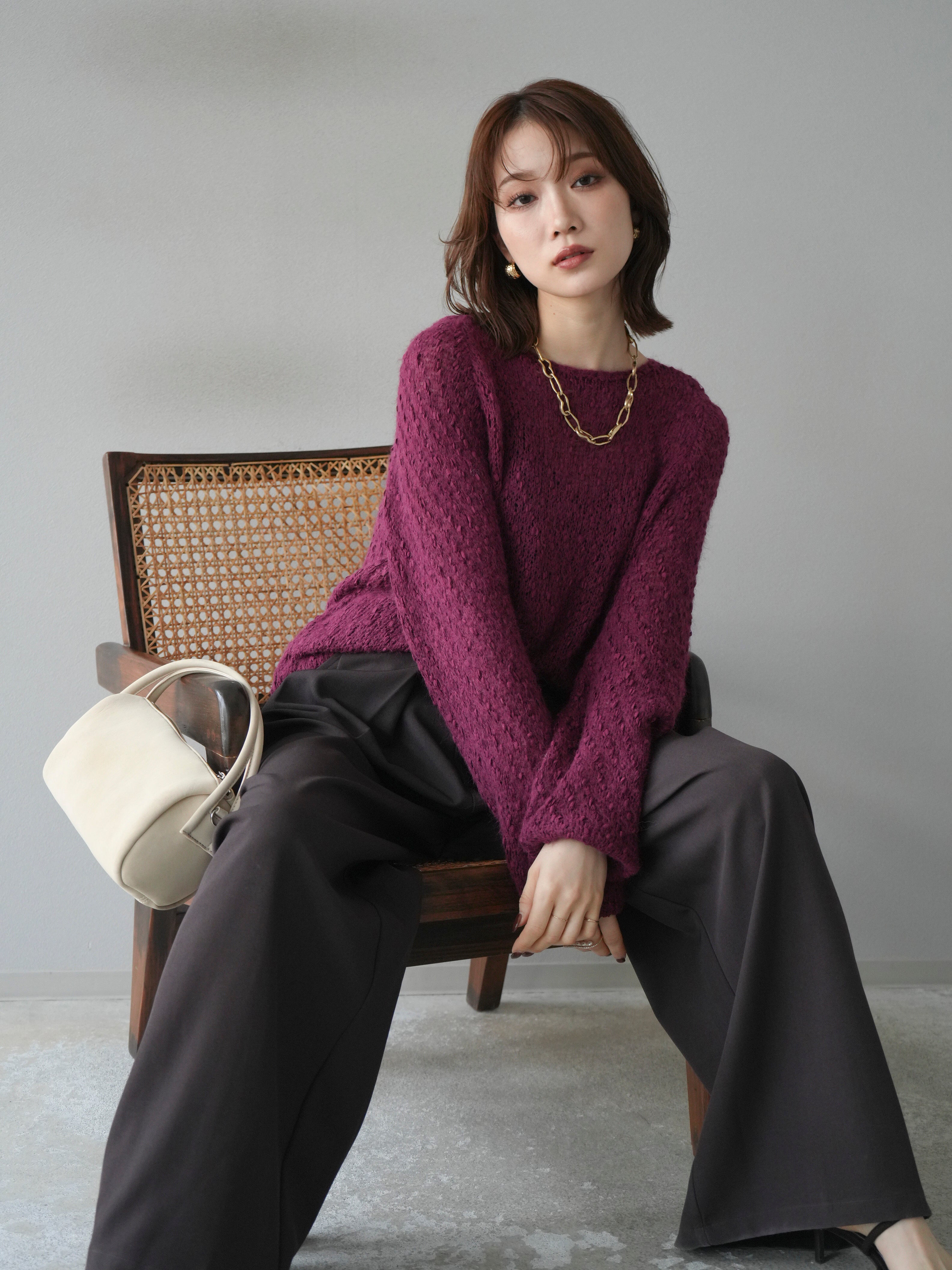 予約]異素材ミックスヤーンニットプルオーバー/burgundy – Lumier