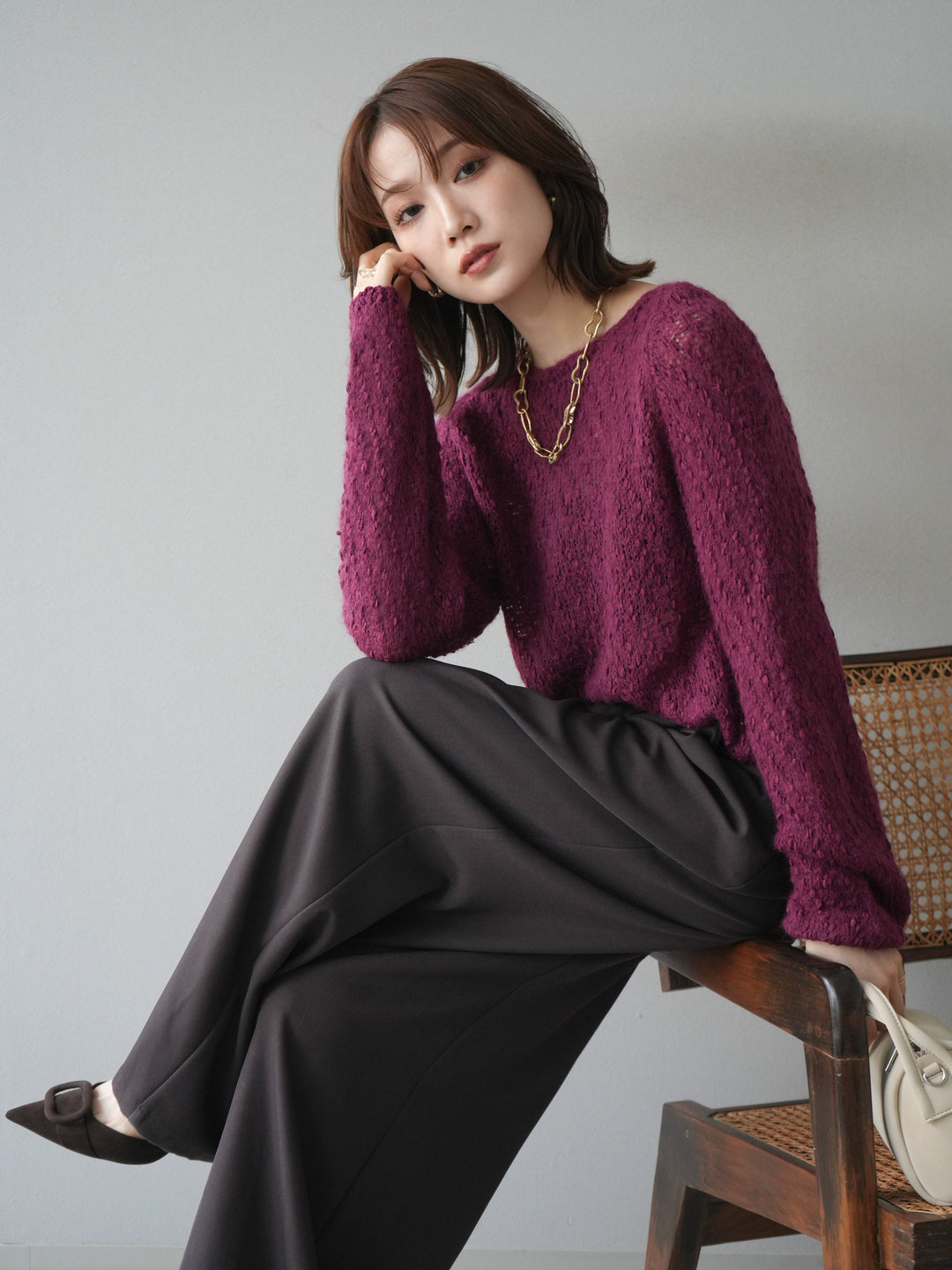 [予約]異素材ミックスヤーンニットプルオーバー/burgundy