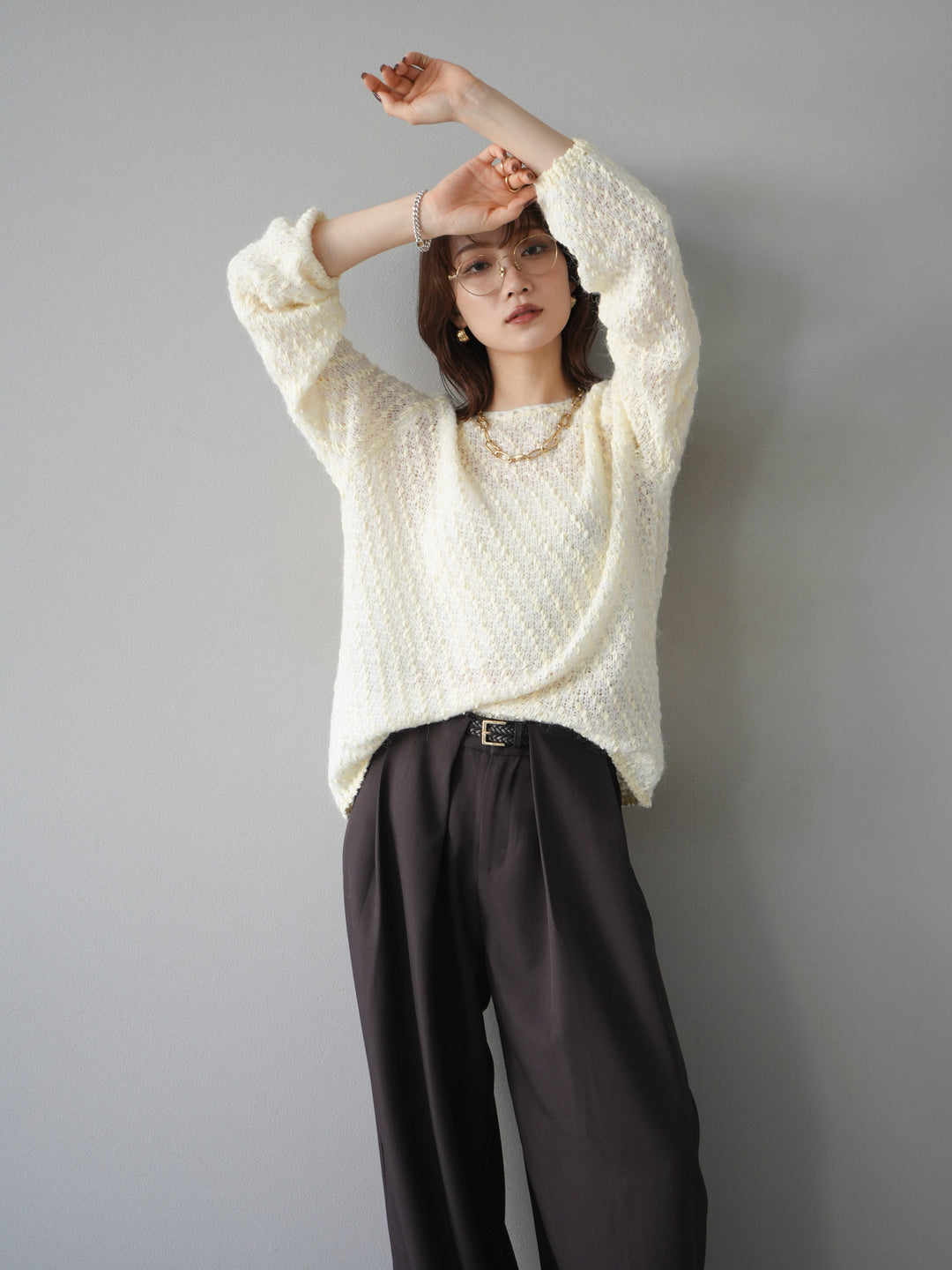 [SET]異素材ミックスヤーンニットプルオーバー+選べるアクセセット(2set)